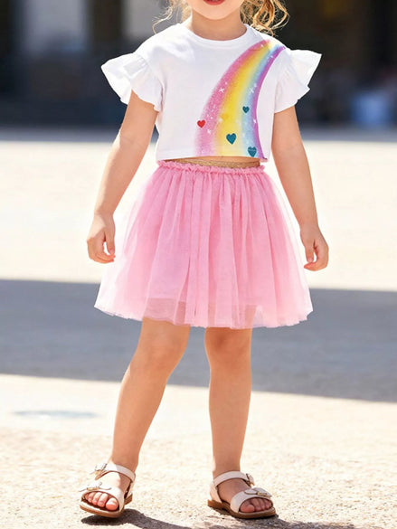 Children's Rainbow Ruffle Sleeve Top and Tulle Skirt Set - Little Janey Shop