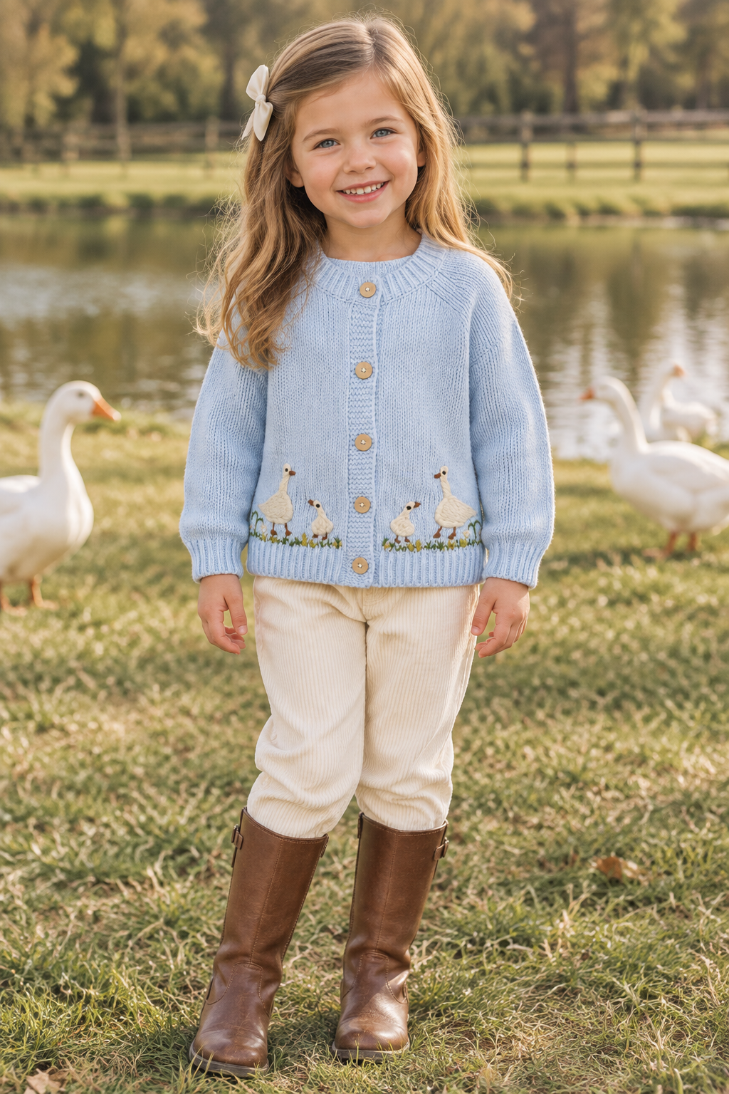 Girl wearing the goose cardigan and riding boots beside geese near a farm pond