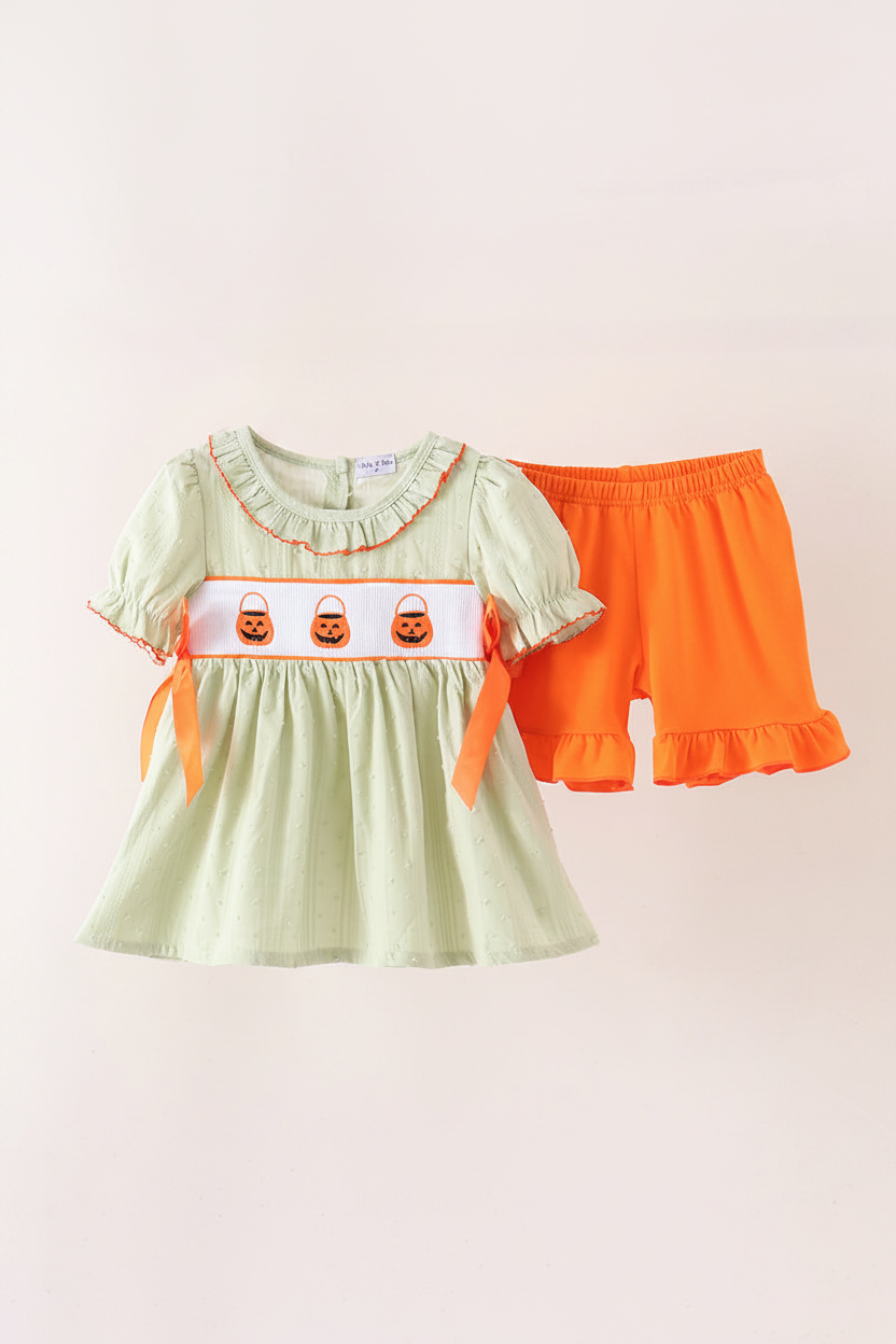 Green Pumpkin Smocked Ruffle Shorts Set