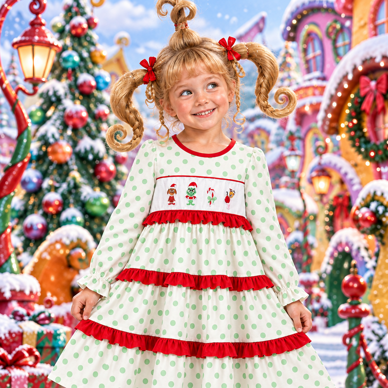 Hero shot: girl in the exact Grinch-embroidered polka dot dress with Whoville hairstyle, dress centered as the featured product