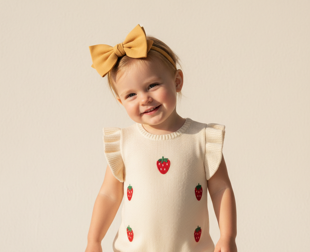 Baby wearing a cream-colored onesie with strawberry patterns and a yellow bow. Lttle Janey Shop
