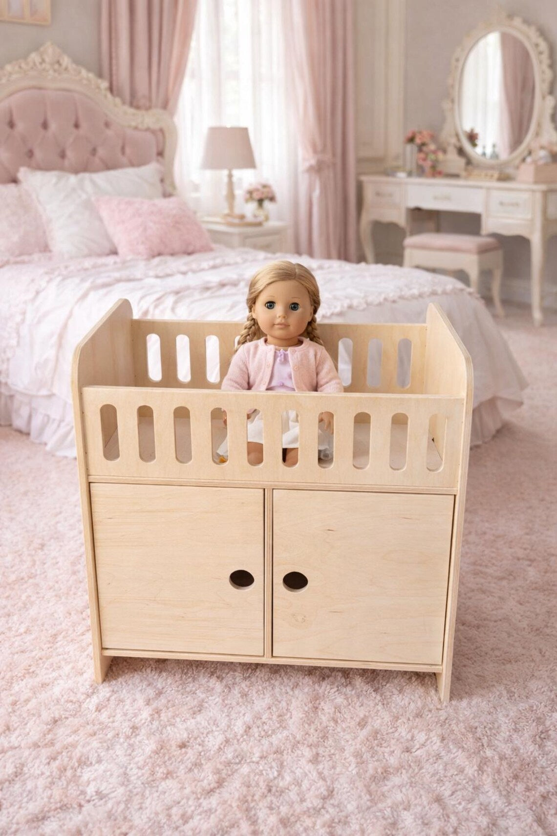 Clara Wooden Doll Crib with Storage & 4 Hangers