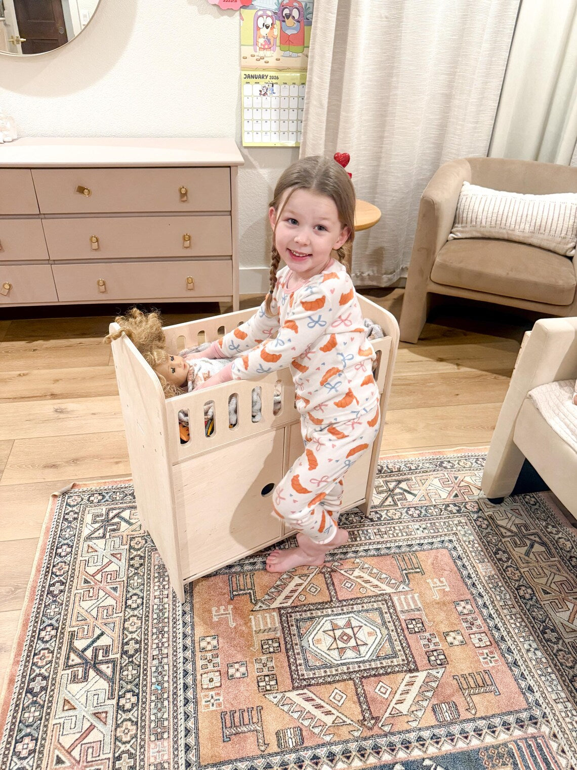 Clara Wooden Doll Crib with Storage & 4 Hangers