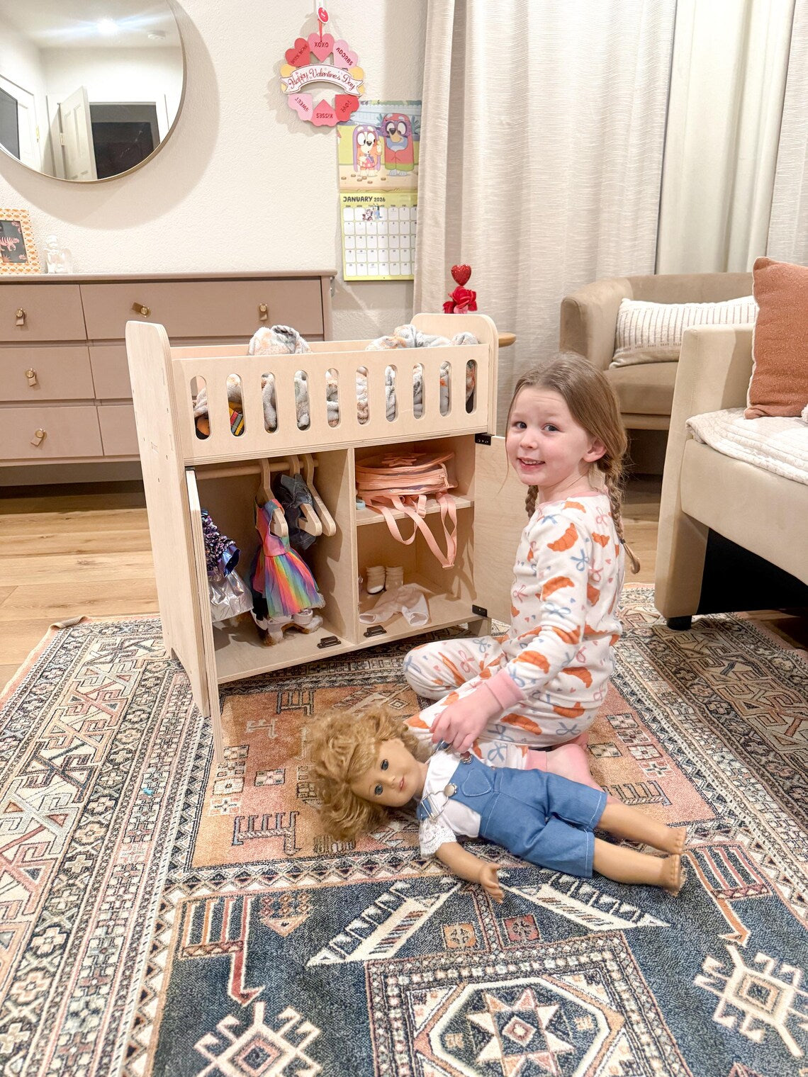 Clara Wooden Doll Crib with Storage & 4 Hangers