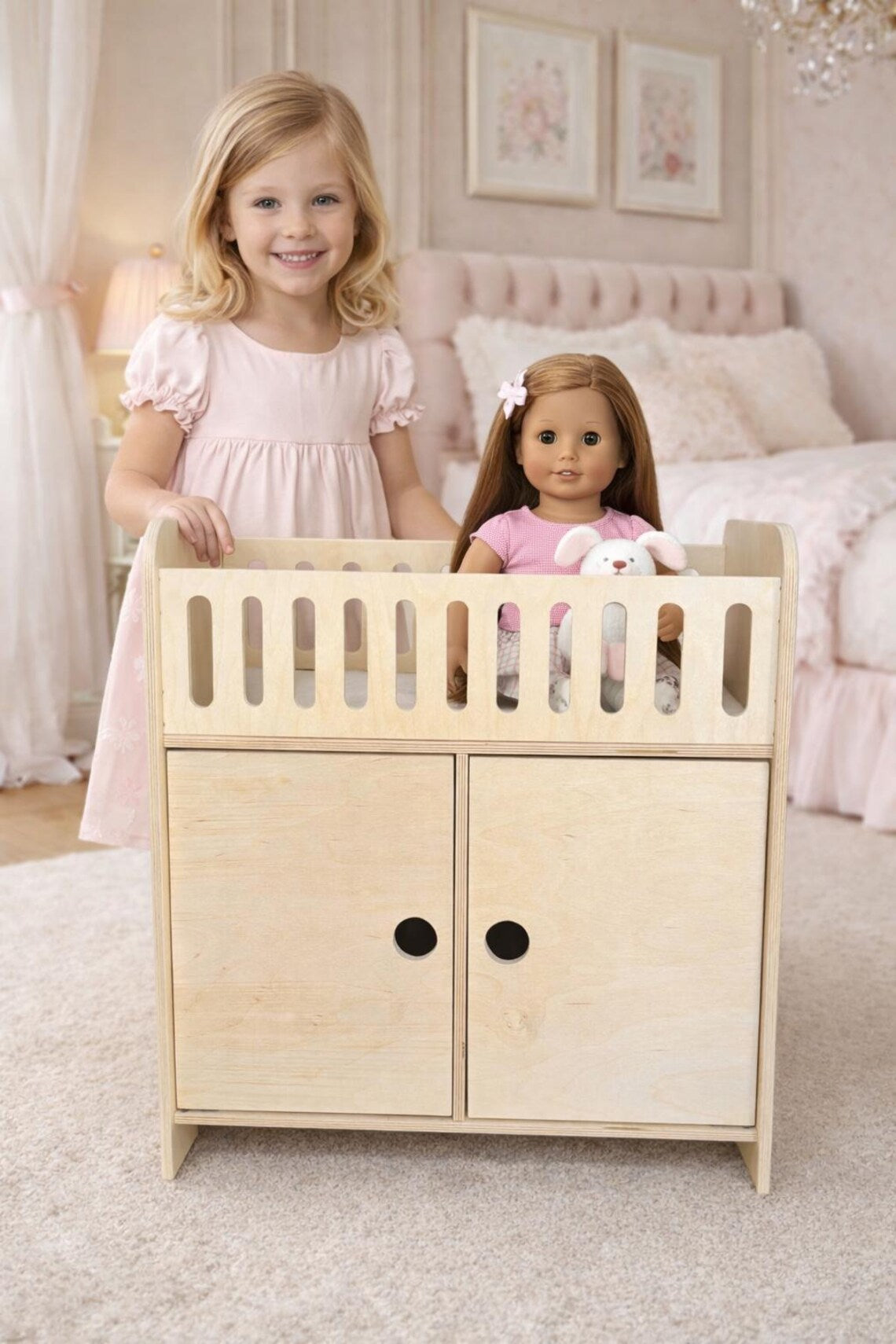 Clara Wooden Doll Crib with Storage & 4 Hangers