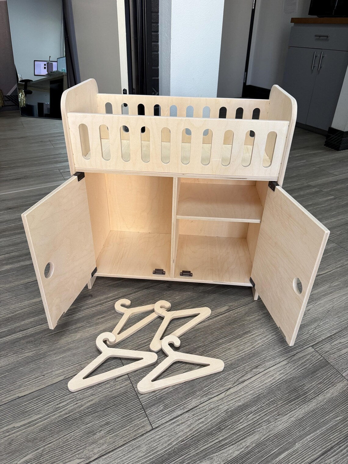 Clara Wooden Doll Crib with Storage & 4 Hangers
