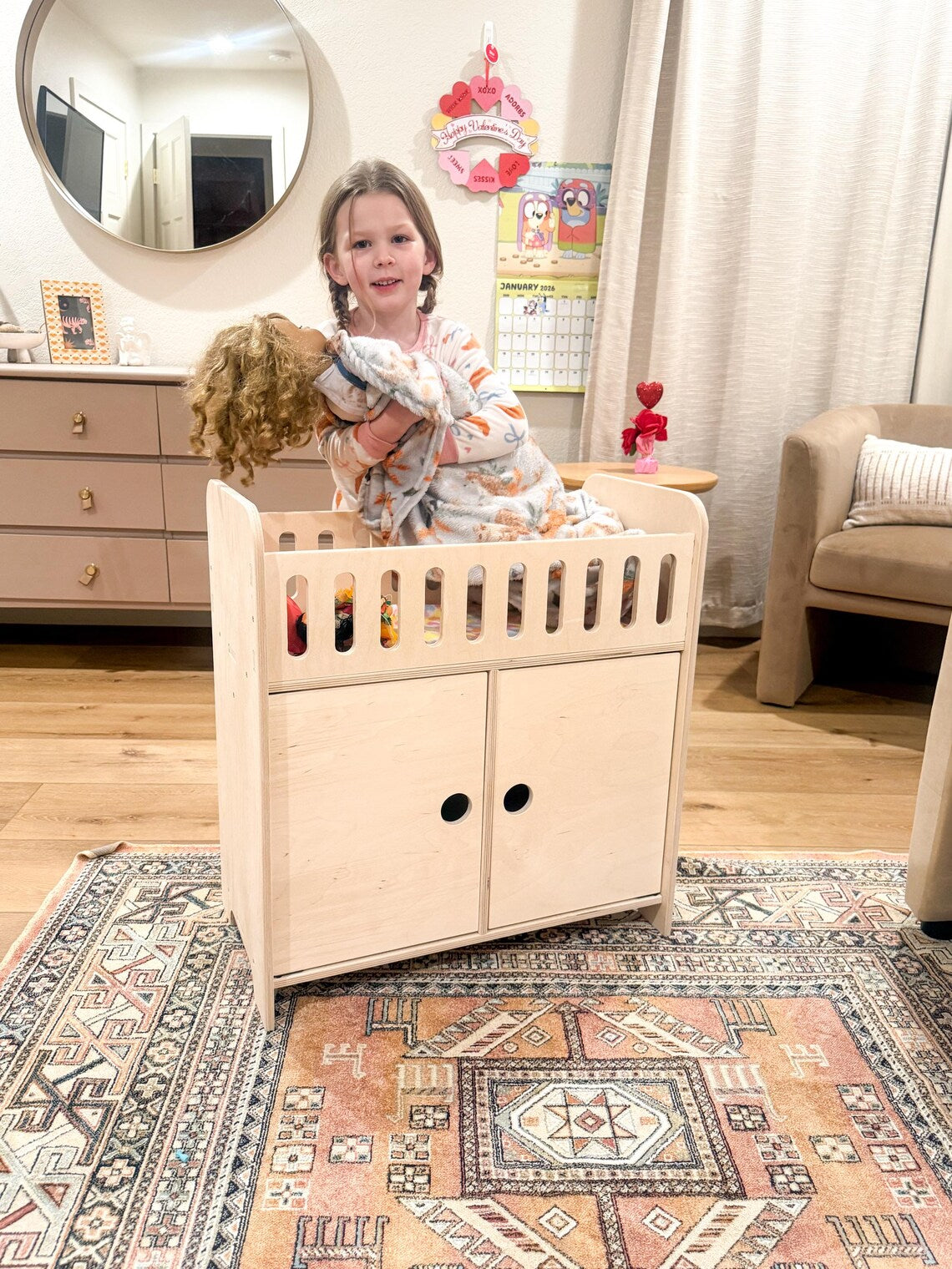 Clara Wooden Doll Crib with Storage & 4 Hangers