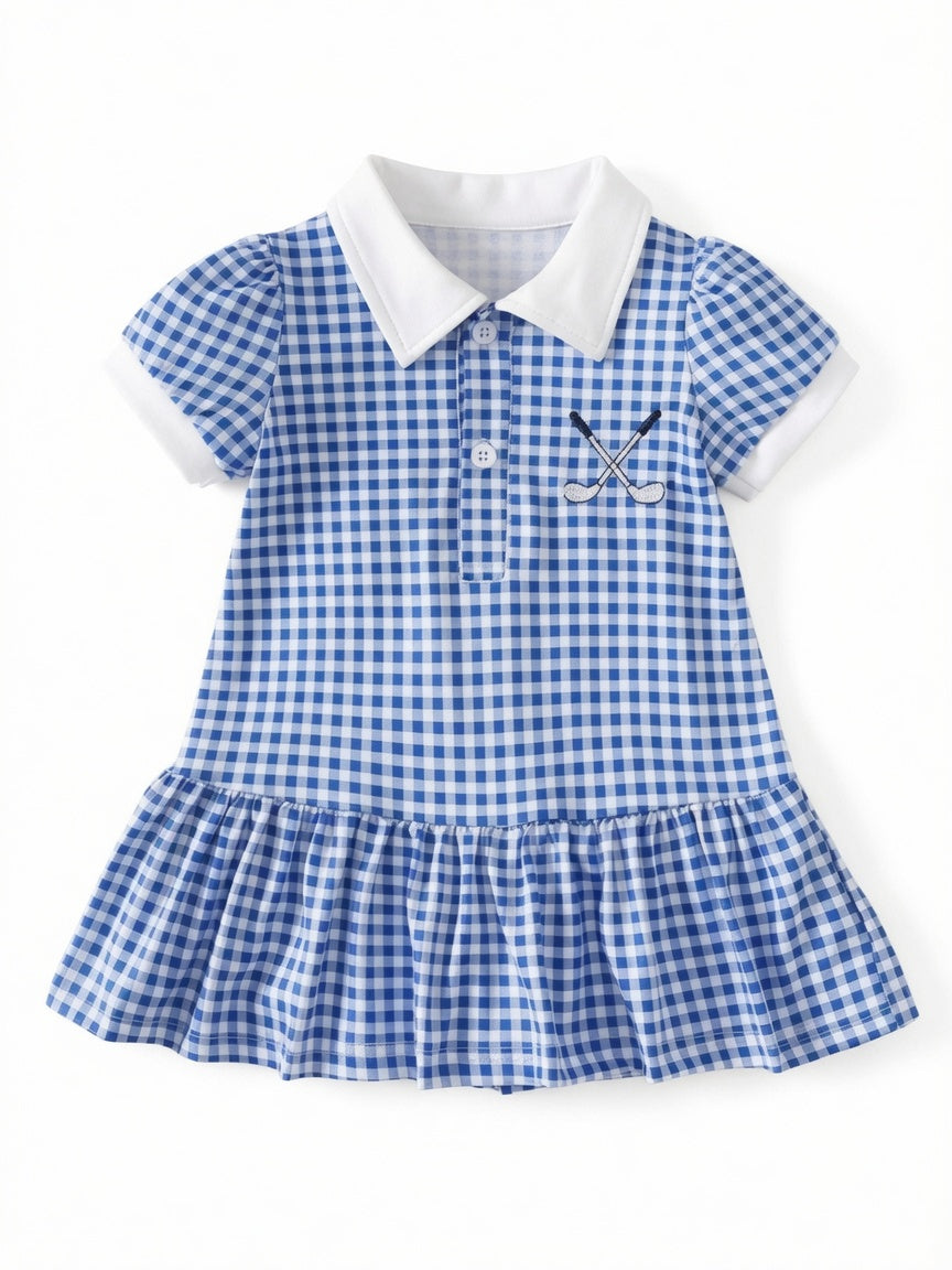 Blue gingham dress with white collar on a white background