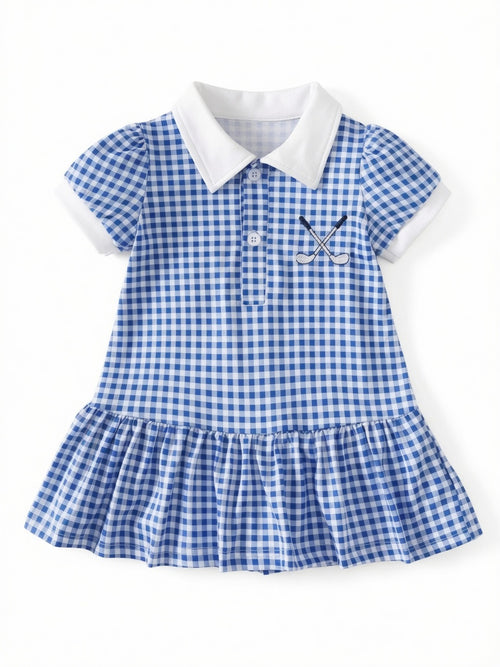 Blue gingham dress with white collar on a white background