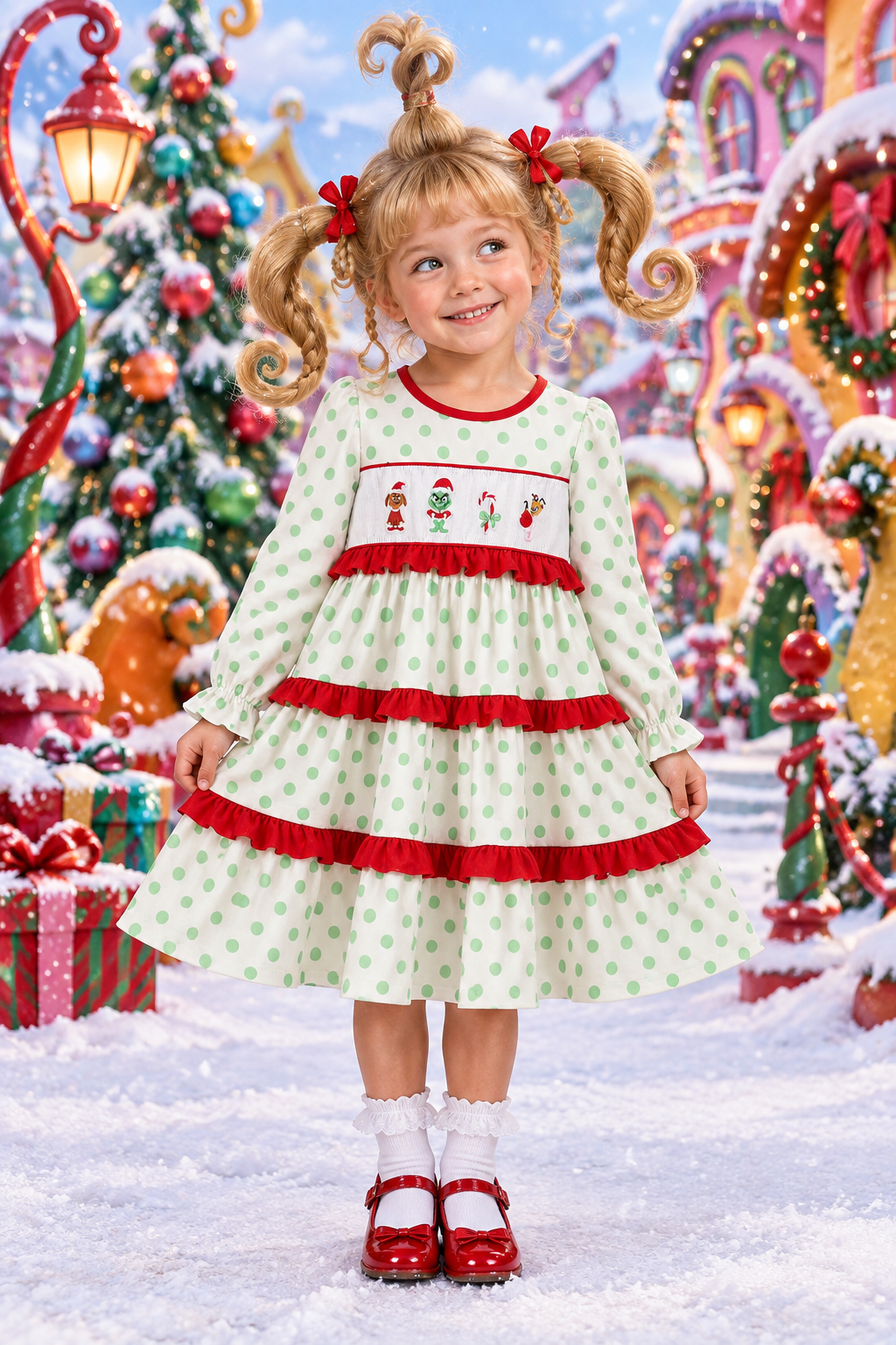 Little girl in the exact green-polka-dot Grinch-embroidered dress with a whimsical Whoville hairstyle in a magical Christmas Whoville scene