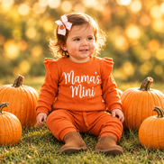Mama’s Mini 2-Piece Ruffled Top & Pants Set + Pumpkin Hair Bow Bundle
