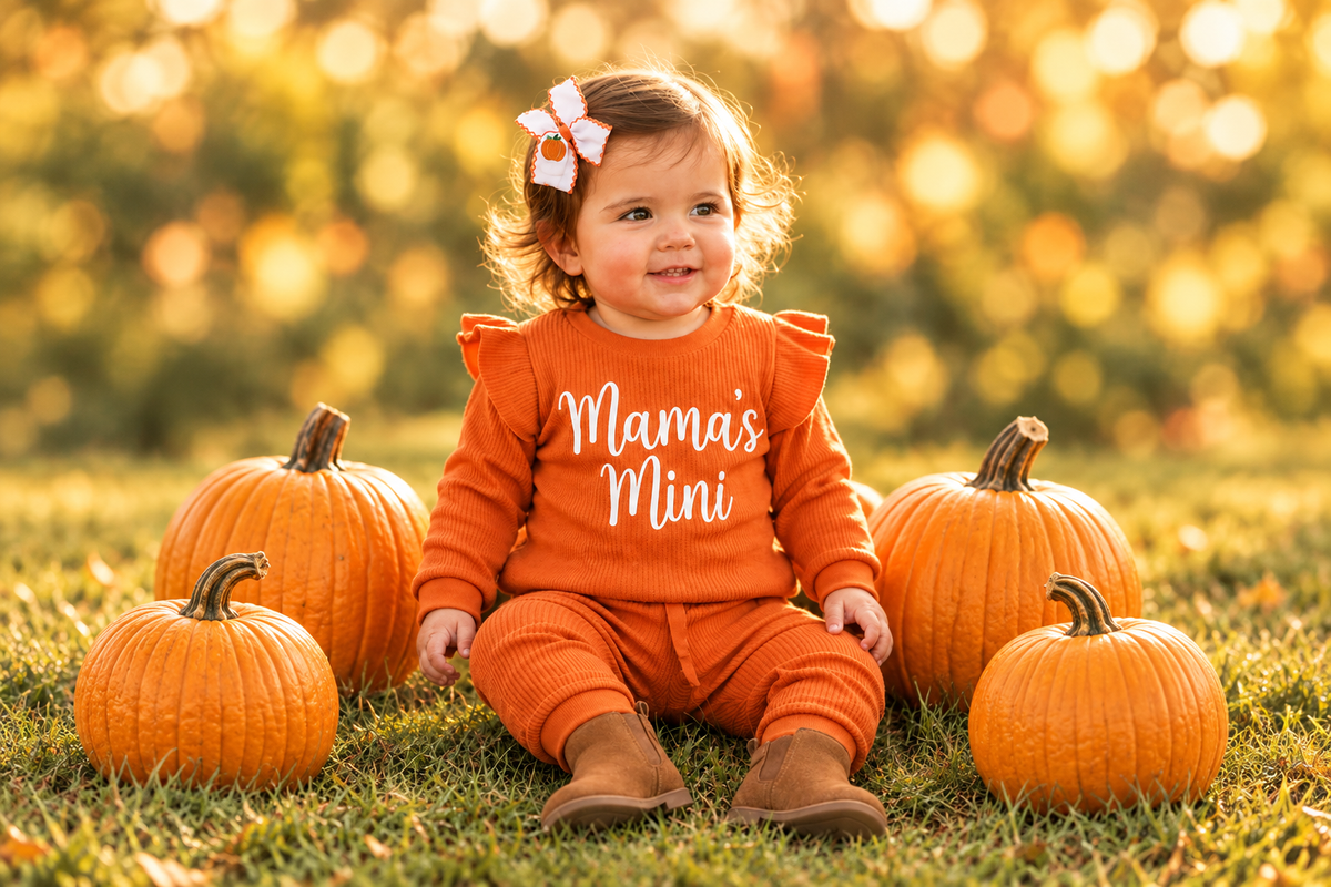 Mama’s Mini 2-Piece Ruffled Top & Pants Set + Pumpkin Hair Bow Bundle