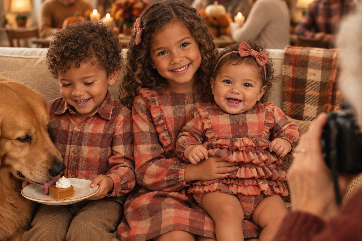 Matching rust plaid sibling portrait with a biracial family