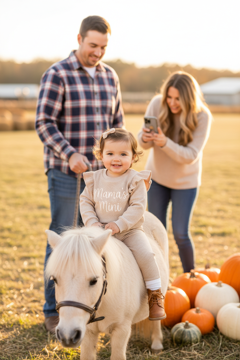 Mom Photographing Baby on Pony - Mama's Mini Outfit
