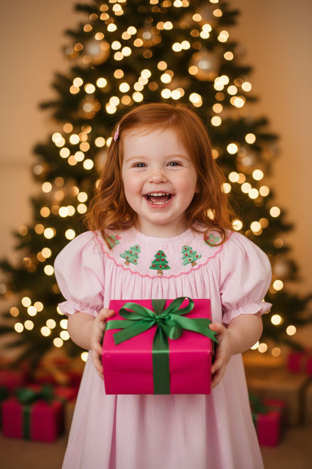 Pink Christmas Tree Smocked Dress – Red Hair Freckles Gift Forward