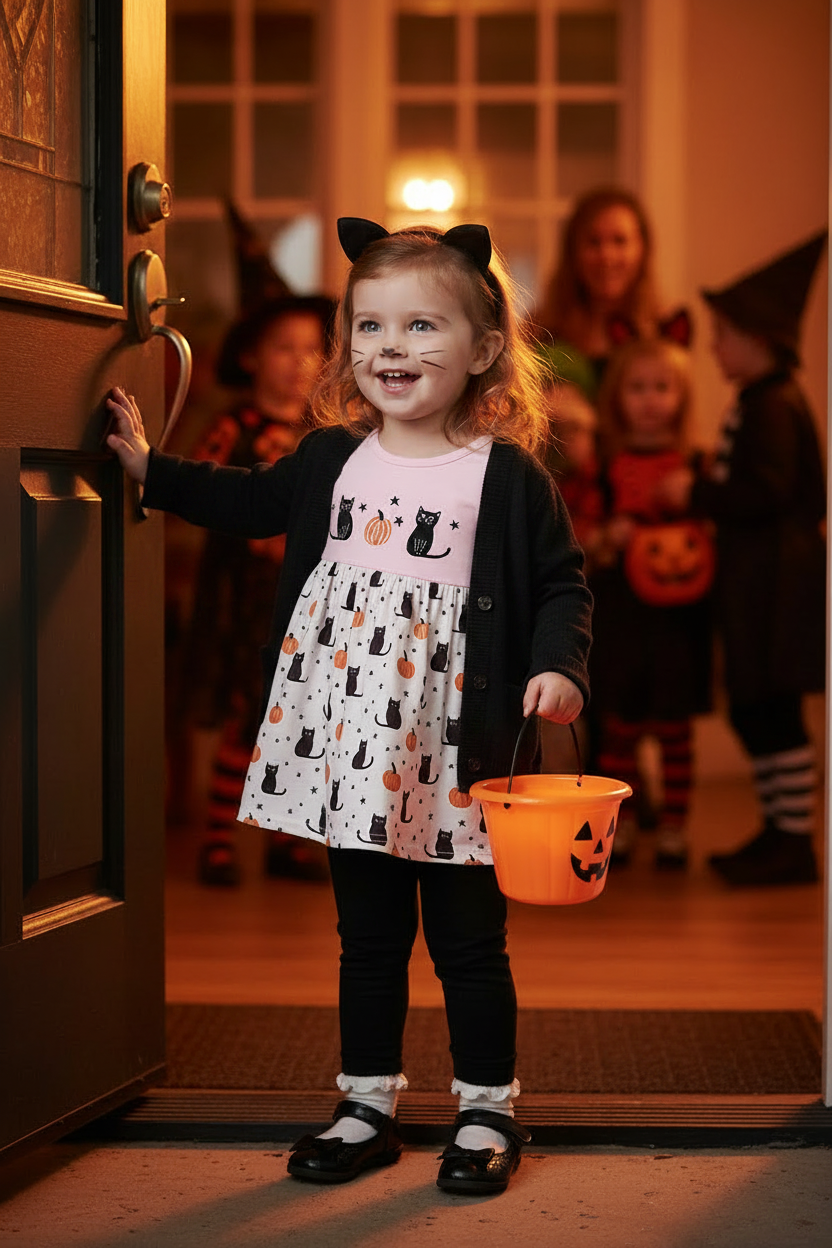 Pink Pumpkin Cat Set – 7 Year Old Halloween Door Scene