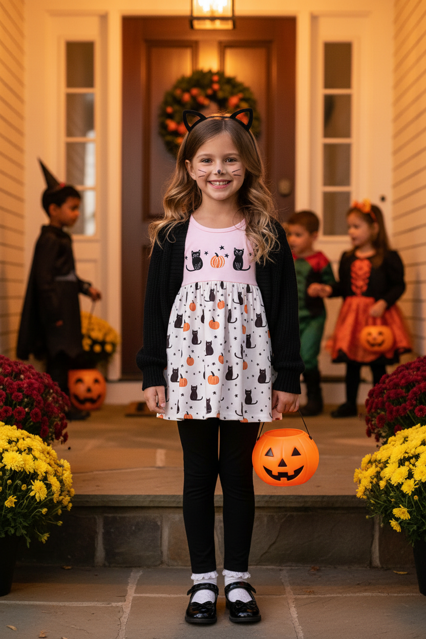 Pink Pumpkin Cat Set – Fresh Halloween Porch Scene Age 7