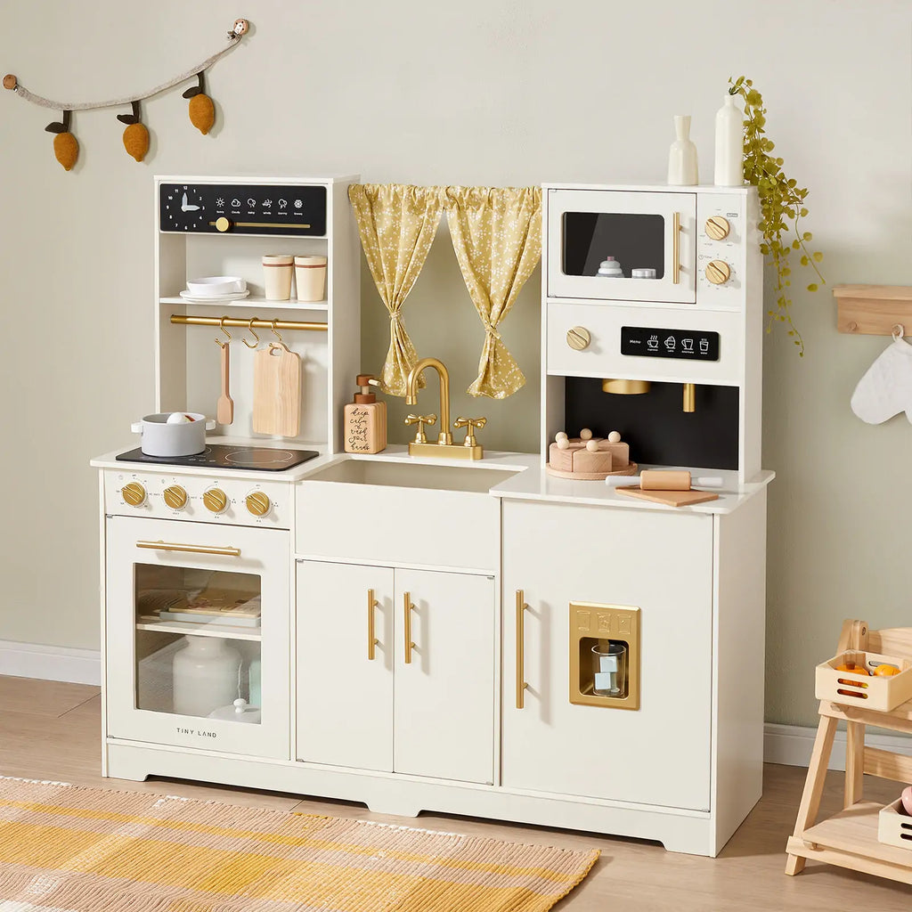 Tiny Land® Wooden Play Kitchen — Cream Pretend Cooking Playset for Toddlers & Kids | Little Janey