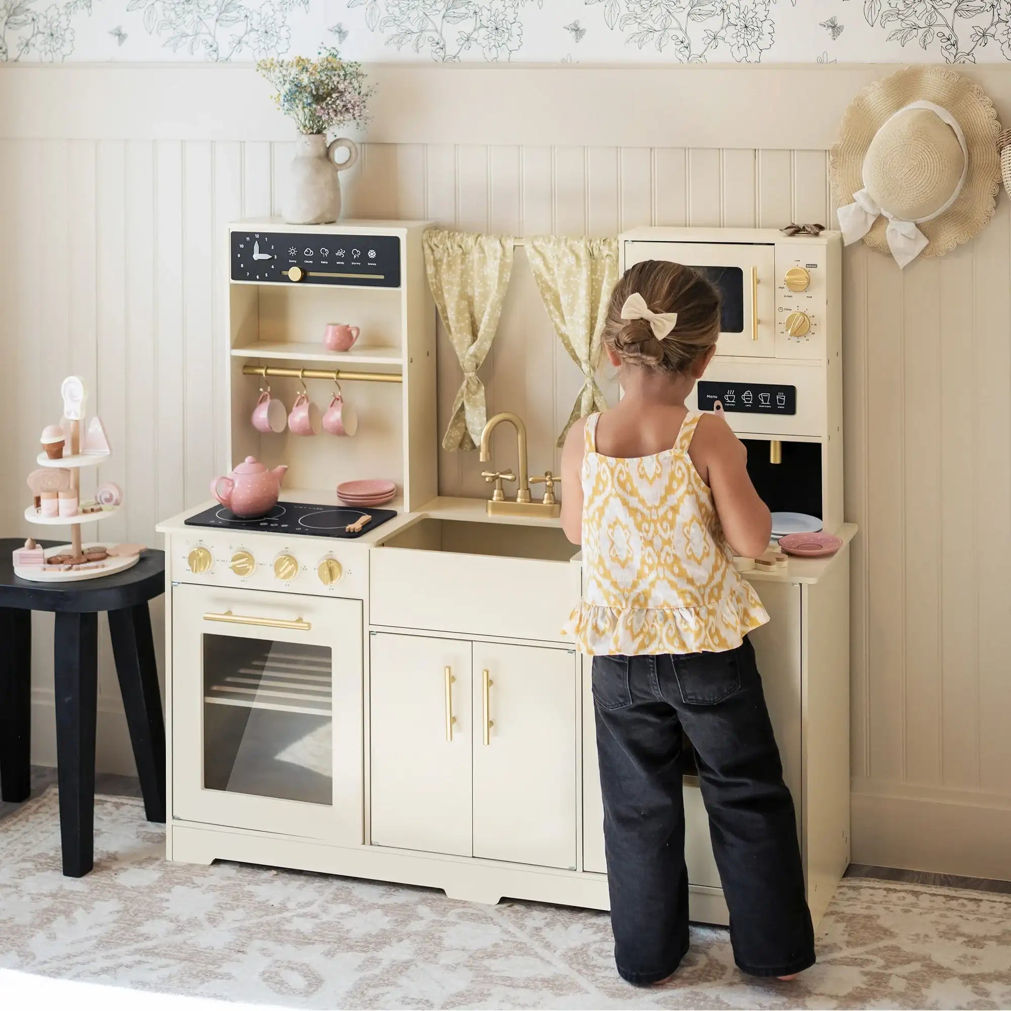 Tiny Land® Wooden Play Kitchen — Cream Pretend Cooking Playset for Toddlers & Kids | Little Janey