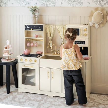 Tiny Land® Wooden Play Kitchen — Cream Pretend Cooking Playset for Toddlers & Kids | Little Janey
