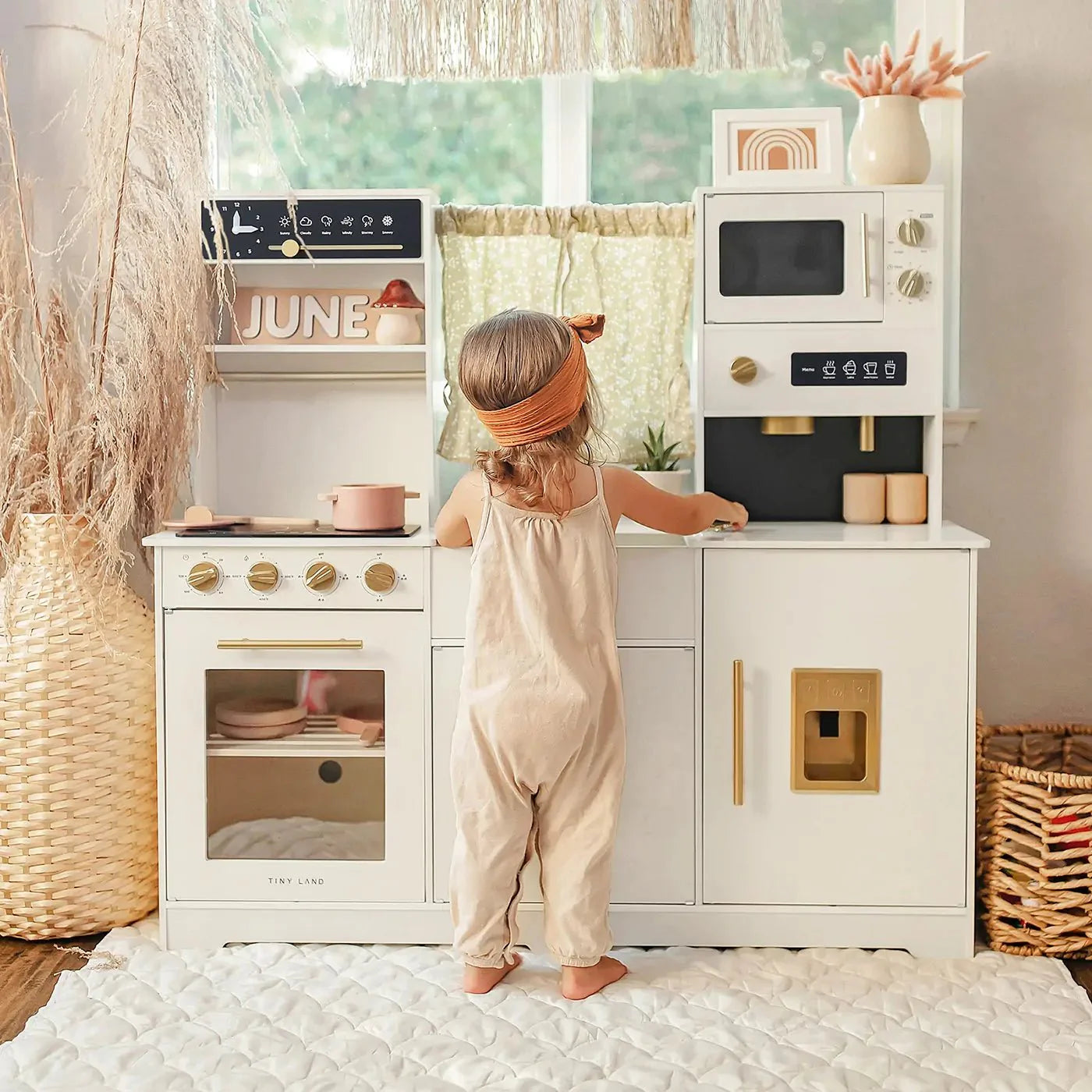 Tiny Land® Wooden Play Kitchen — Cream Pretend Cooking Playset for Toddlers & Kids | Little Janey