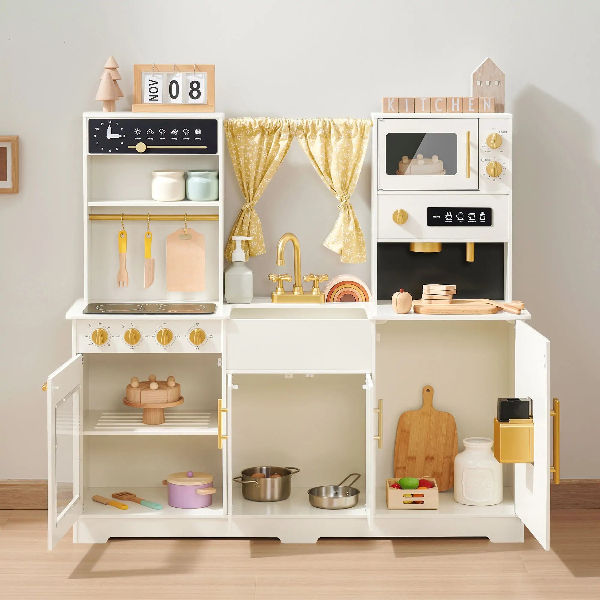 Tiny Land® Wooden Play Kitchen — Cream Pretend Cooking Playset for Toddlers & Kids | Little Janey