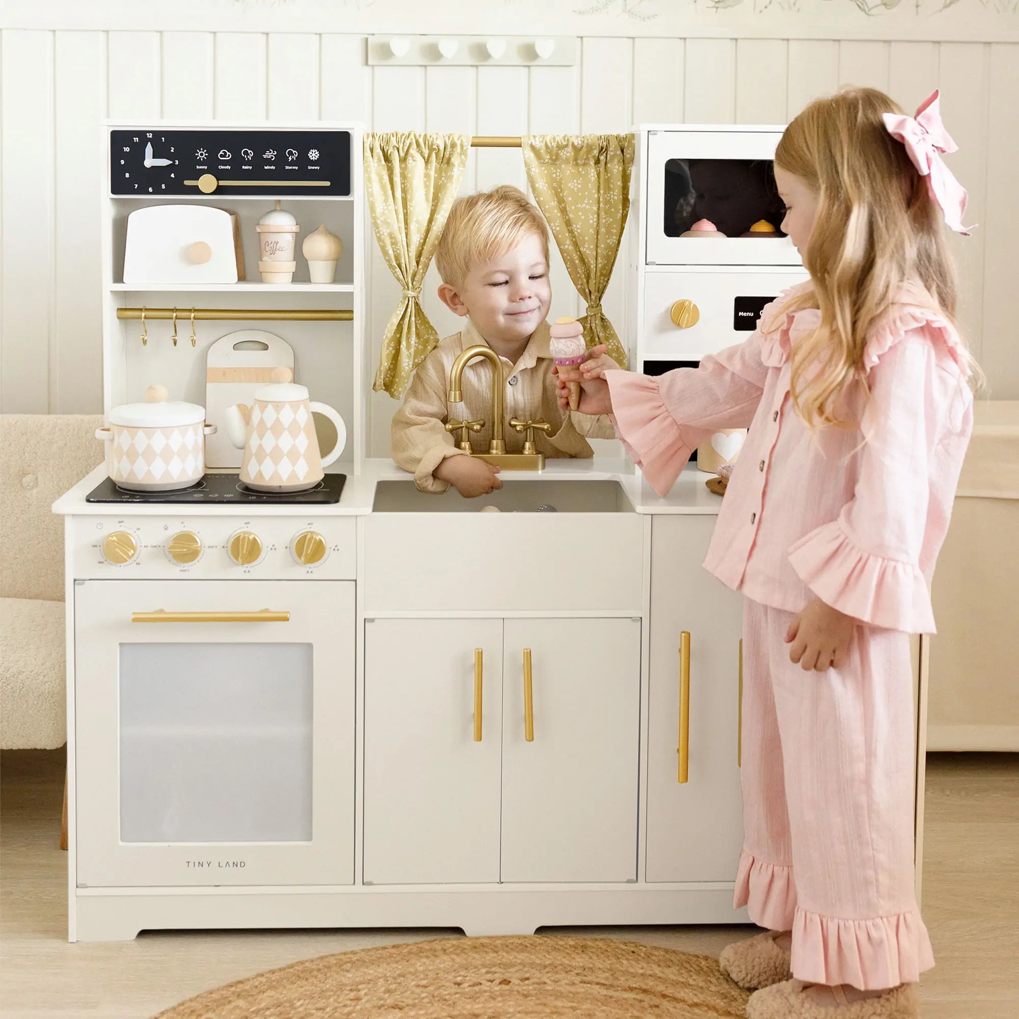 Tiny Land® Wooden Play Kitchen — Cream Pretend Cooking Playset for Toddlers & Kids | Little Janey