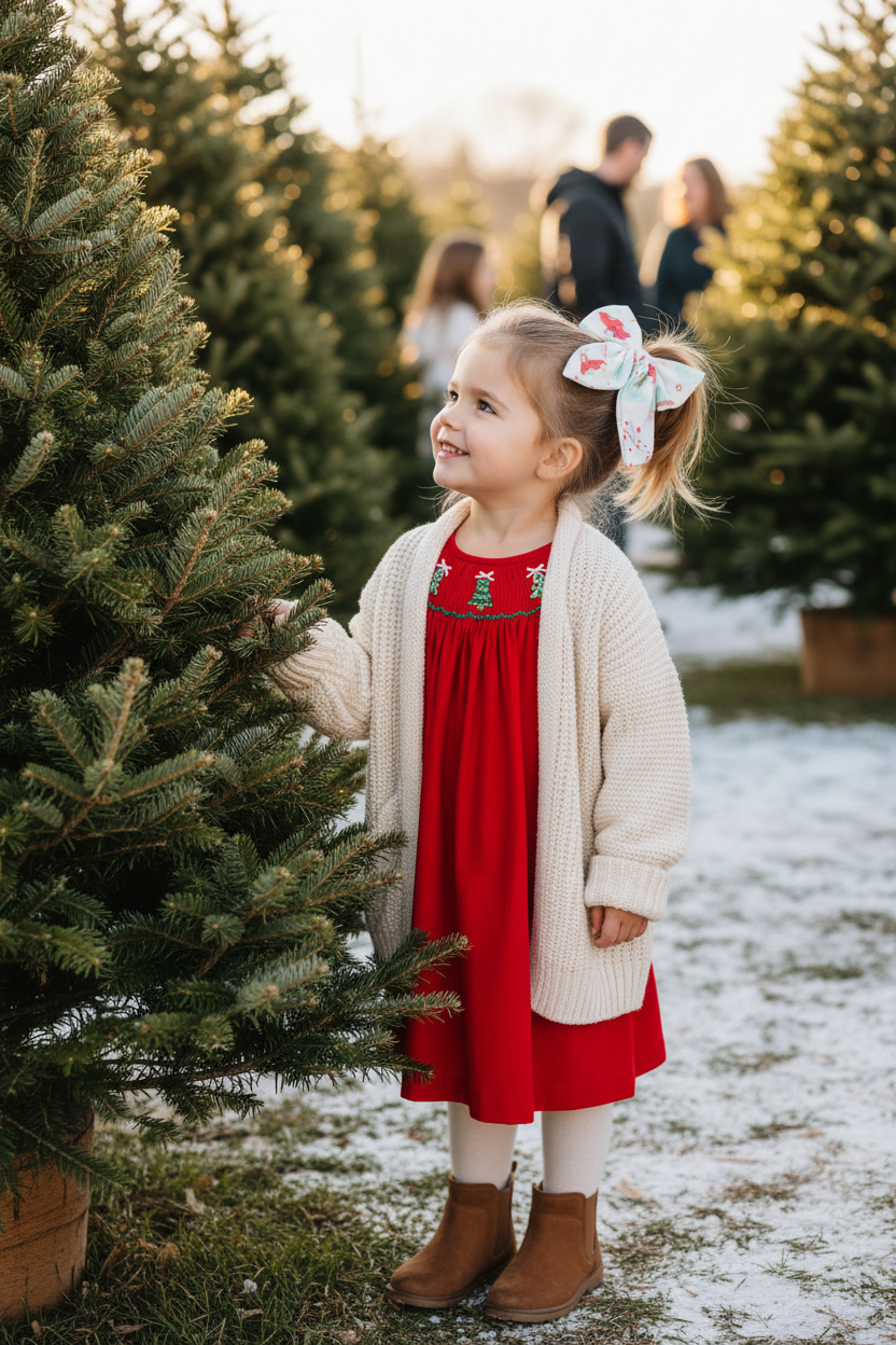 Red Christmas Tree Smocked Dress – Half Ponytail Bow Tree Lot