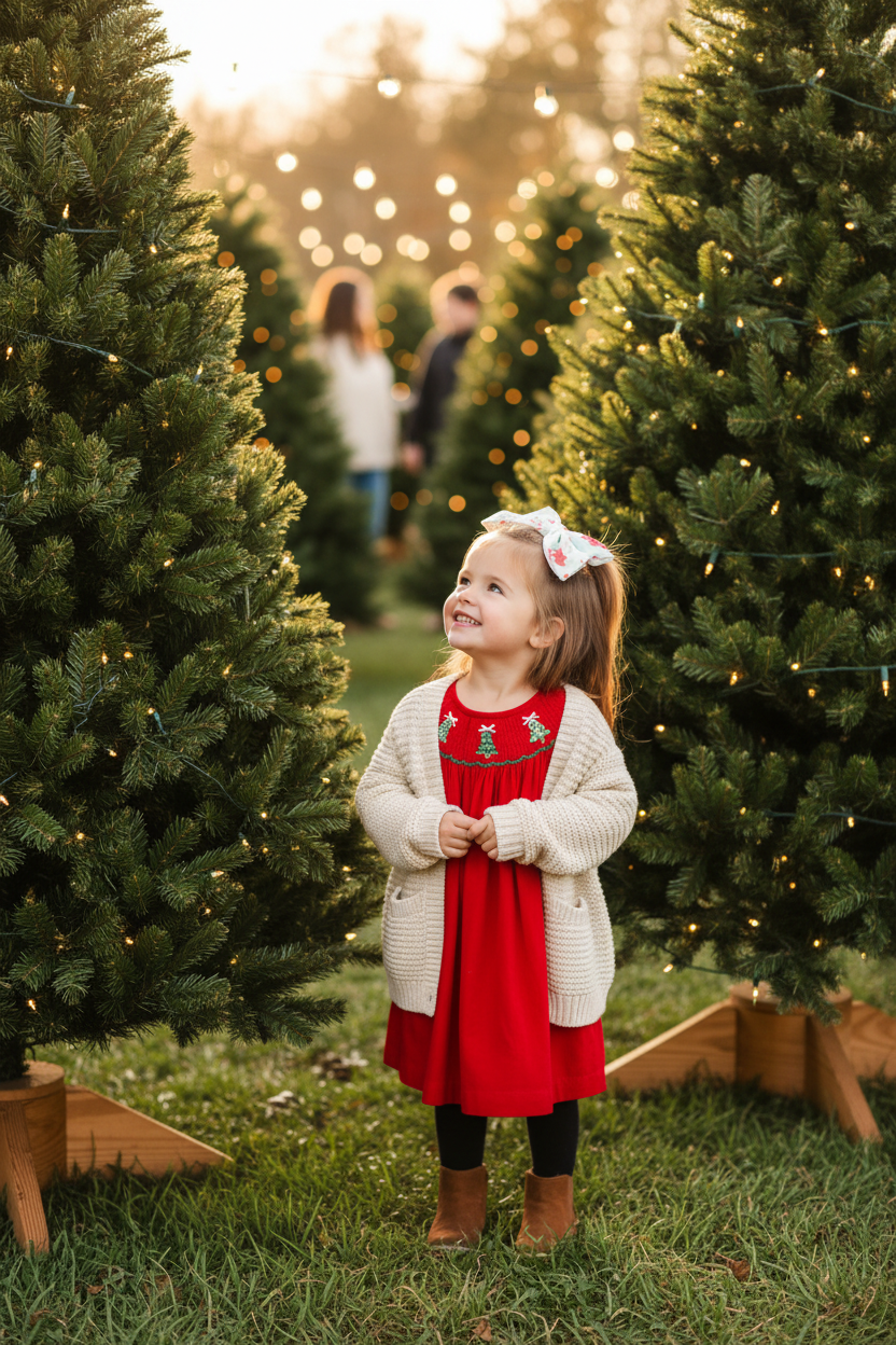 Red Christmas Tree Smocked Dress – Warm Winter Tree Lot No Snow