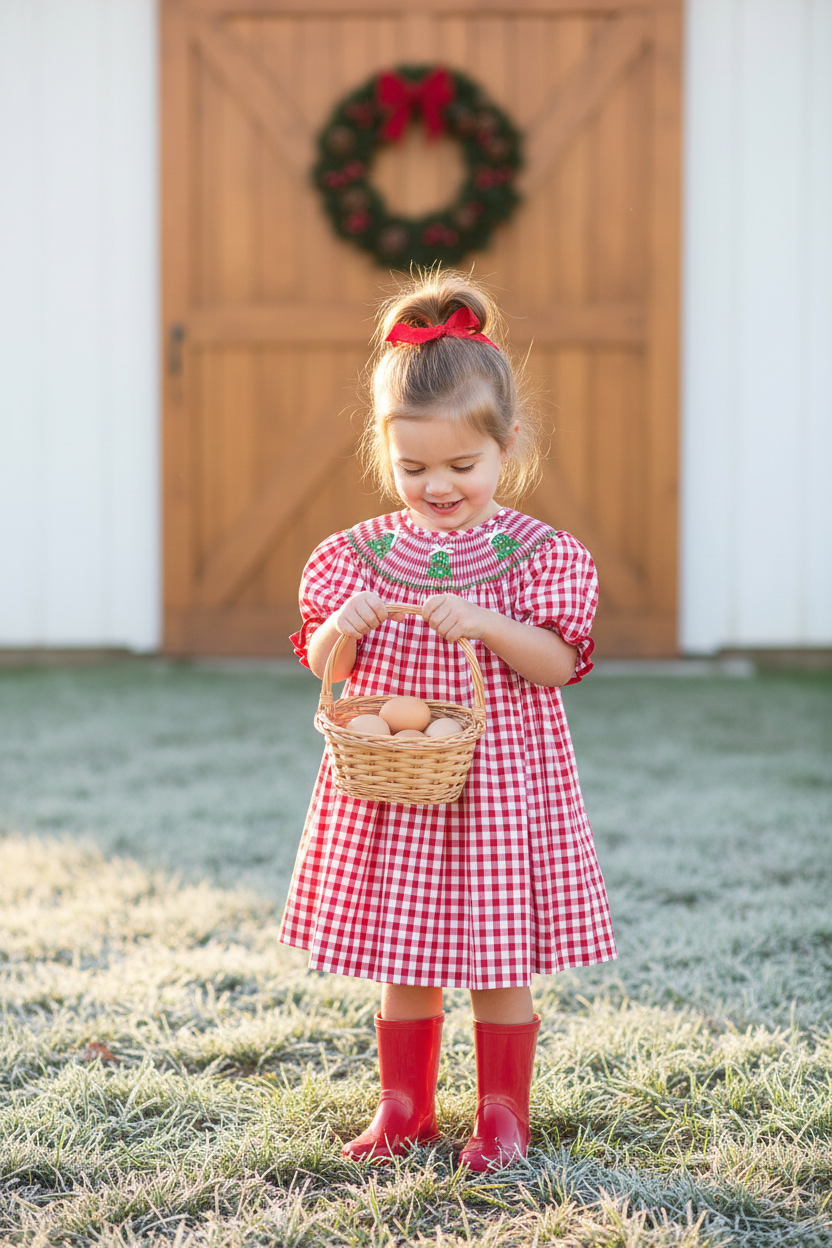 Red Smocked Gingham Dress – Farm Morning Egg Basket