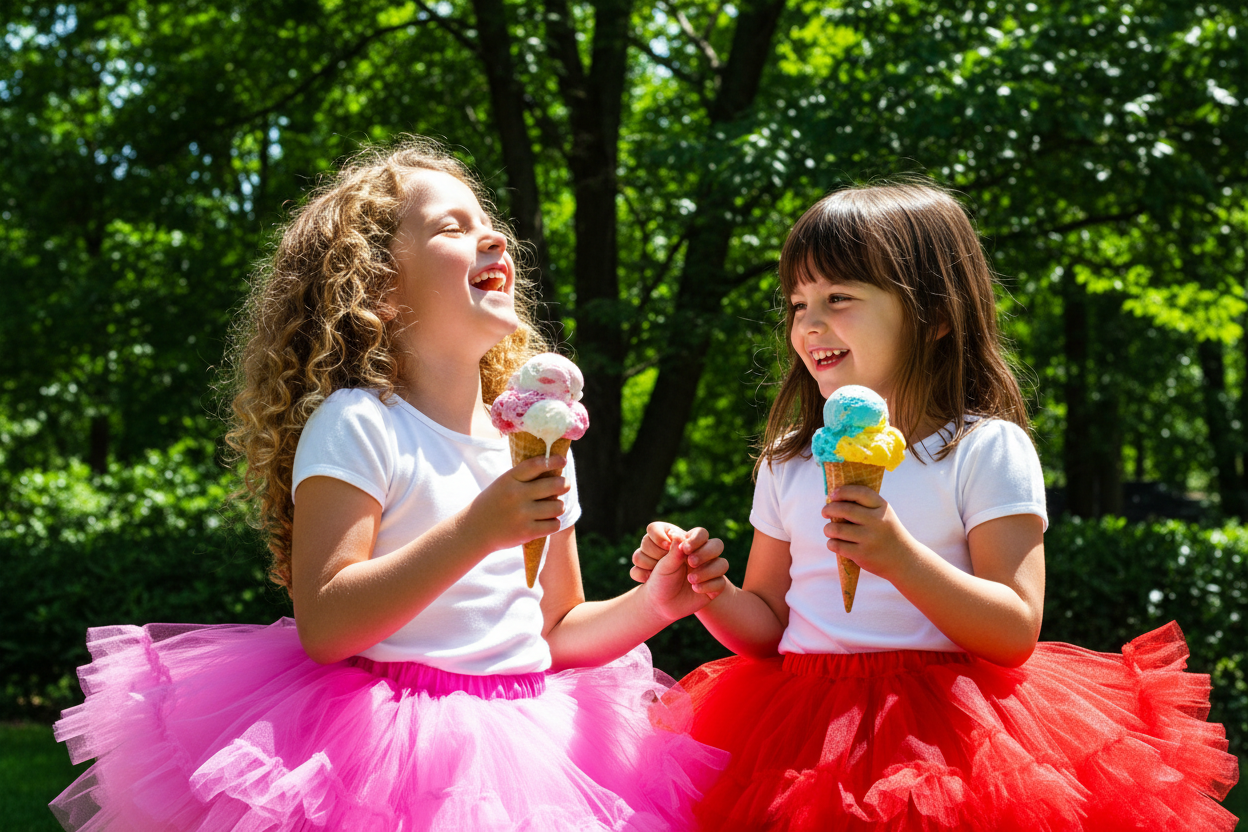 two little girls in tulle dresses enjoting icecream at a park on warm summer day. Little Janey Shop