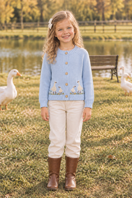 Six-year-old wearing the goose cardigan in the same farm scene