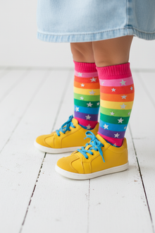 Soft Leather Toddler Yellow Sneakers Rainbow Socks White Wood