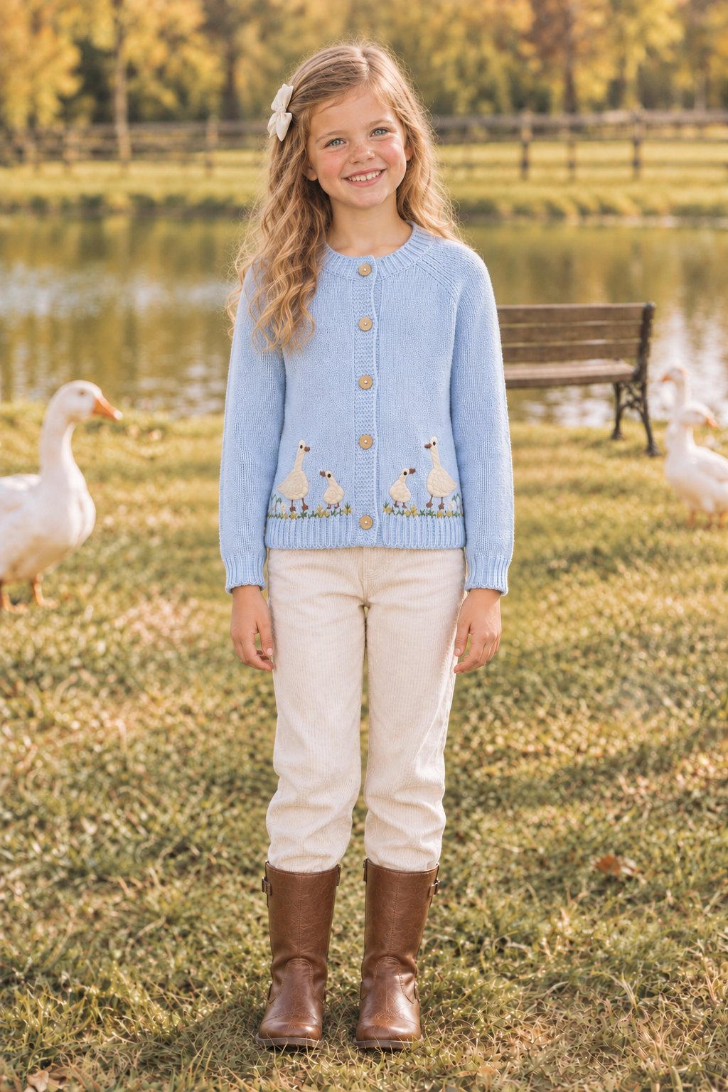 Ten-year-old wearing the goose cardigan in the same farm scene