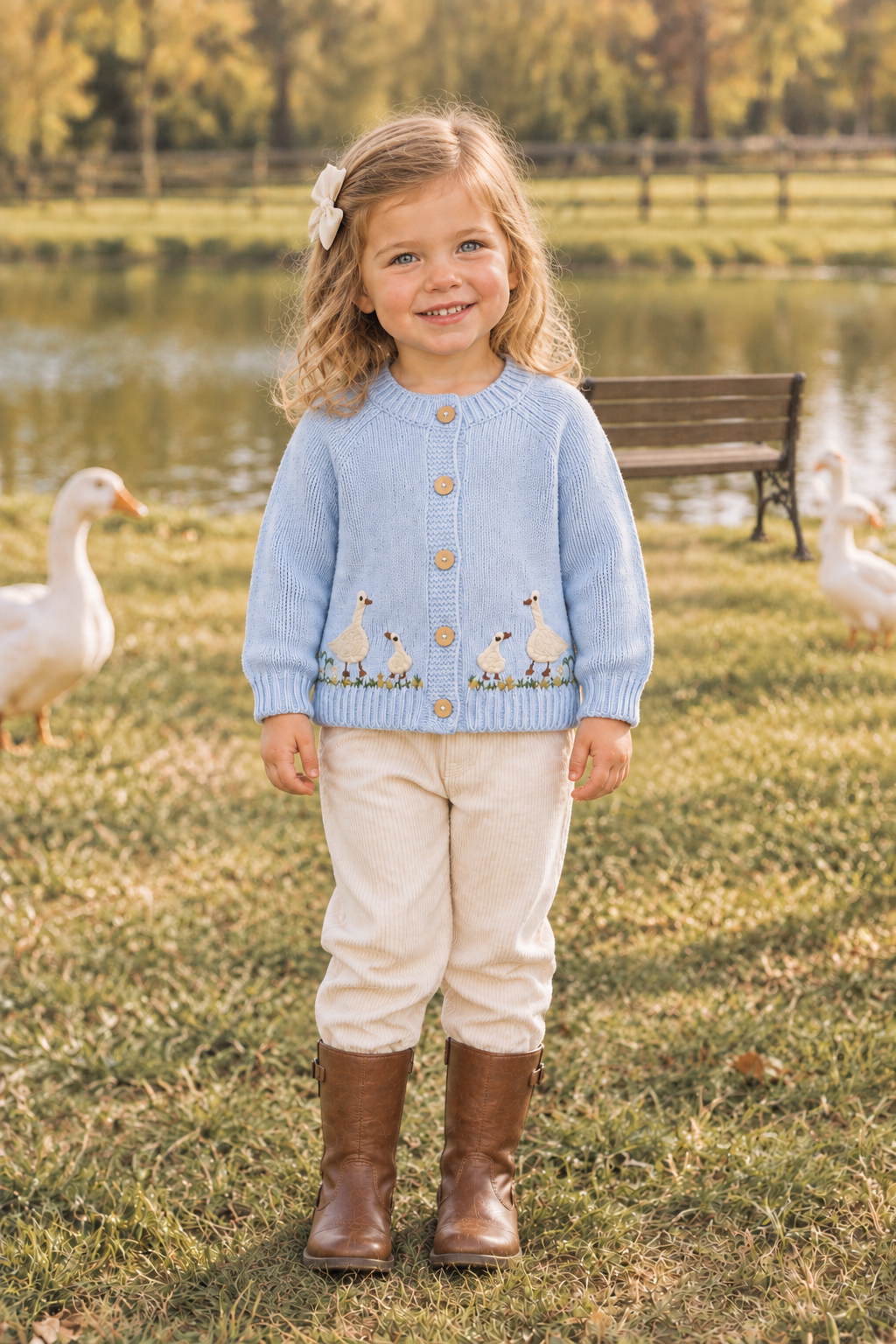 Two-year-old toddler wearing the goose cardigan on the same farm scene